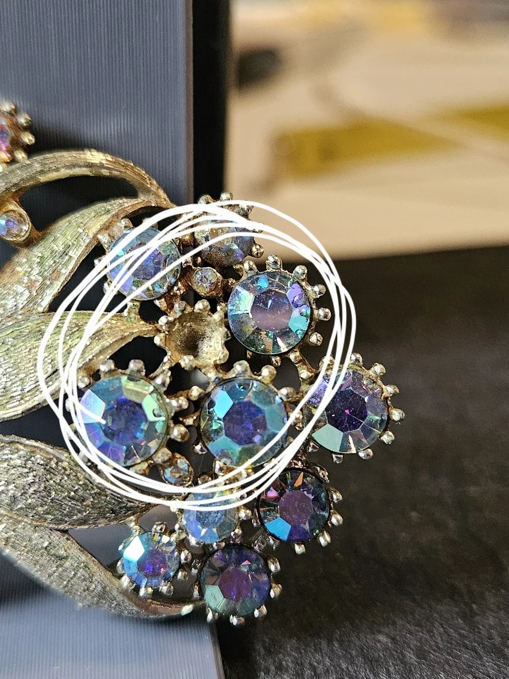 Pewter-Tone Aurora Borealis Floral Brooch and Clip On Earring Set. 1 Stone Gone